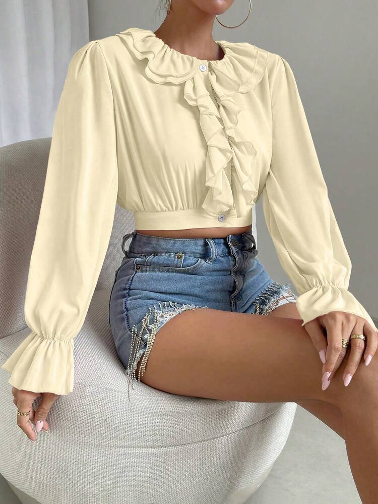 Ruffle Trim Flounce Sleeve Crop Blouse
