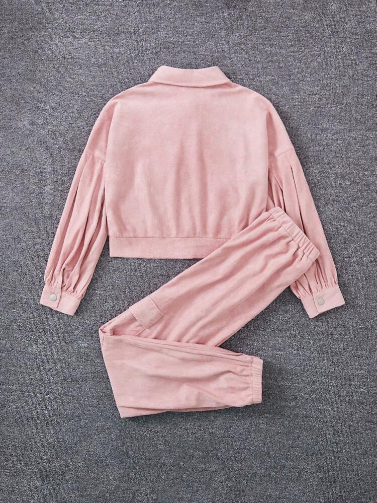 Tween Girls' Woven Solid Color Casual Short Jacket And Wide Leg Pants Loose Two Piece Set