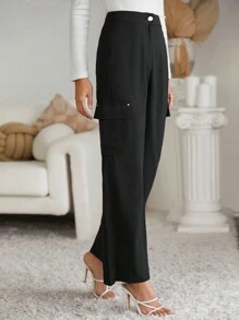 SHEIN Clasi Flap Pocket Side Cargo Pants - Black - View 3