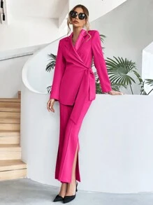 SHEIN Privé Cổ bẻ Bọc Nút ven Áo vest & Quần ống rộng - Màu Hồng Tươi - Xem 3