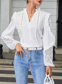 SHEIN Privé Blusa con encaje en contraste ribete con fruncido - Blanco - Ver 3
