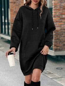 SHEIN LUNE Vestido con capucha con bolsillo de canguro de hombros caídos con cordón - Negro - Ver 3