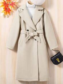 Tween Girl 1pc Double Breasted Belted Overcoat - White - View 1