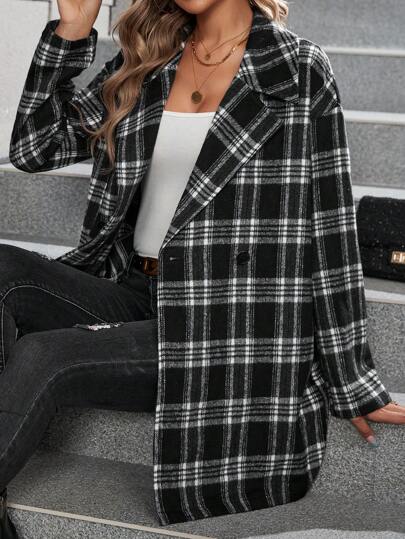 SHEIN Clasi 格紋印花雙排釦花呢外套