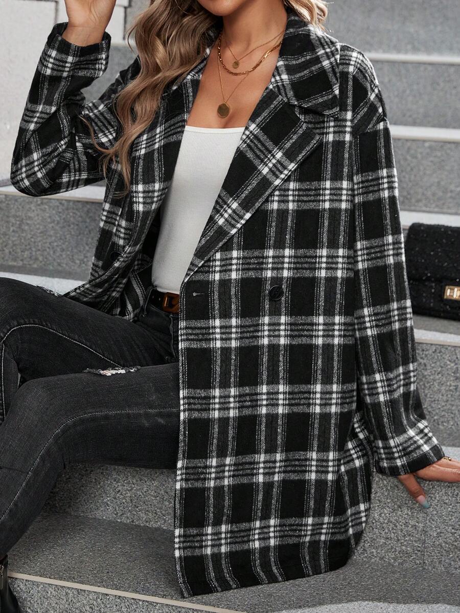 SHEIN Clasi 格紋印花雙排釦花呢外套 - 彩色 - 查看 1