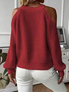 SHEIN LUNE Cold Shoulder Cable Knit Sweater - Red - View 2