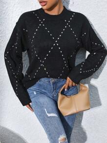 SHEIN LUNE 亮片几何图案落肩针织套头衫秋冬毛衣 - 黑色 - 查看 5