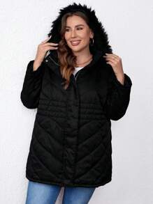 SHEIN LUNE Plus Zip Up Fuzzy Trim Hooded Padded Padded Coat Clothes Winter - Black - View 4