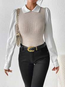 SHEIN Frenchy Top 2 en 1 de dos tonos de manga farol - Albaricoque - Ver 4