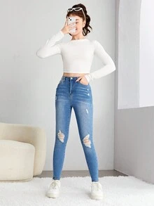 SHEIN Jeans rasgados para adolescente - Azul lavado medio - Ver 3