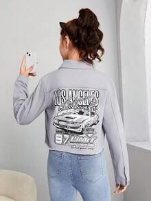 SHEIN 青少年女孩字母和車圖案牛仔夾克 - 灰色 - 查看 5