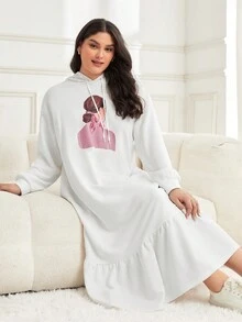 Mulvari 大碼人像圖案落肩袖荷葉邊抽繩連帽洋裝 - 白色 - 查看 3