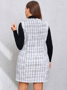 SHEIN Privé 大碼格紋圖案毛邊前紐扣粗花呢洋裝不帶T恤 - 白色 - 查看 2