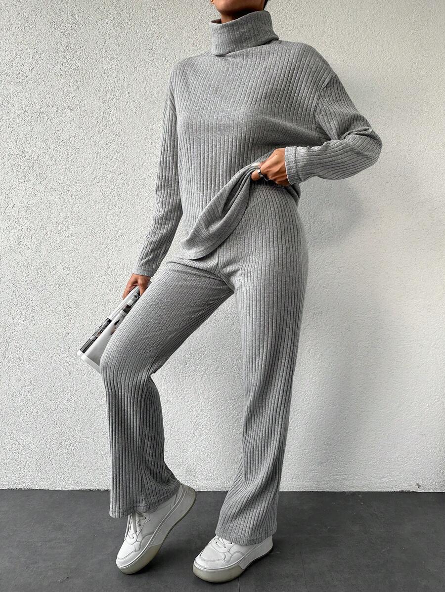 SHEIN Cottnline Turtleneck Drop Shoulder Tee & Pants - Grey - View 1
