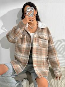 SHEIN Unity 格紋印花落肩袖翻蓋口袋花呢外套 - 彩色 - 查看 3