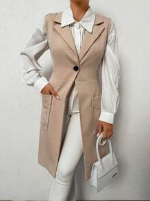 RueChic 1pc Dual Pocket Single Button Vest Blazer - Khaki - View 1