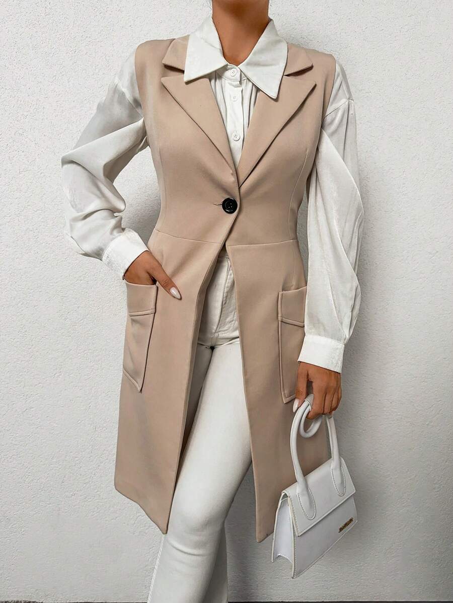 RueChic 1pc Dual Pocket Single Button Vest Blazer - Khaki - View 1