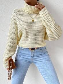 SHEIN LUNE 高领蝙蝠袖针织套头衫秋冬毛衣 - 米色 - 查看 6