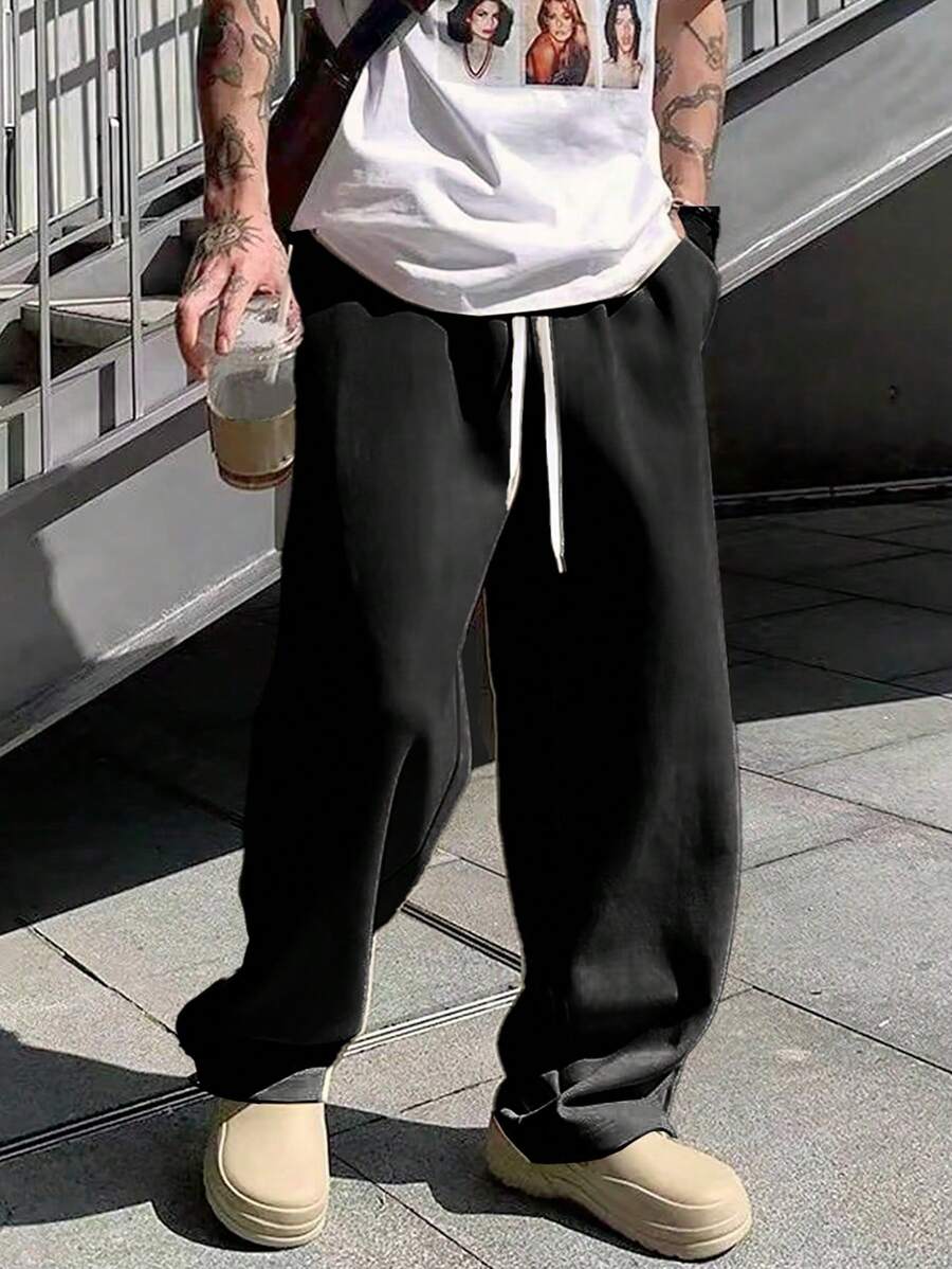 Manfinity Hypemode Pantalones De Sudadera Para Hombre Con Cintura Ajustable Y Bolsillos Inclinados Sueltos - Negro - Ver 1