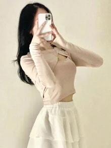 DAZY 實色交叉前t恤 - 米色 - 查看 4