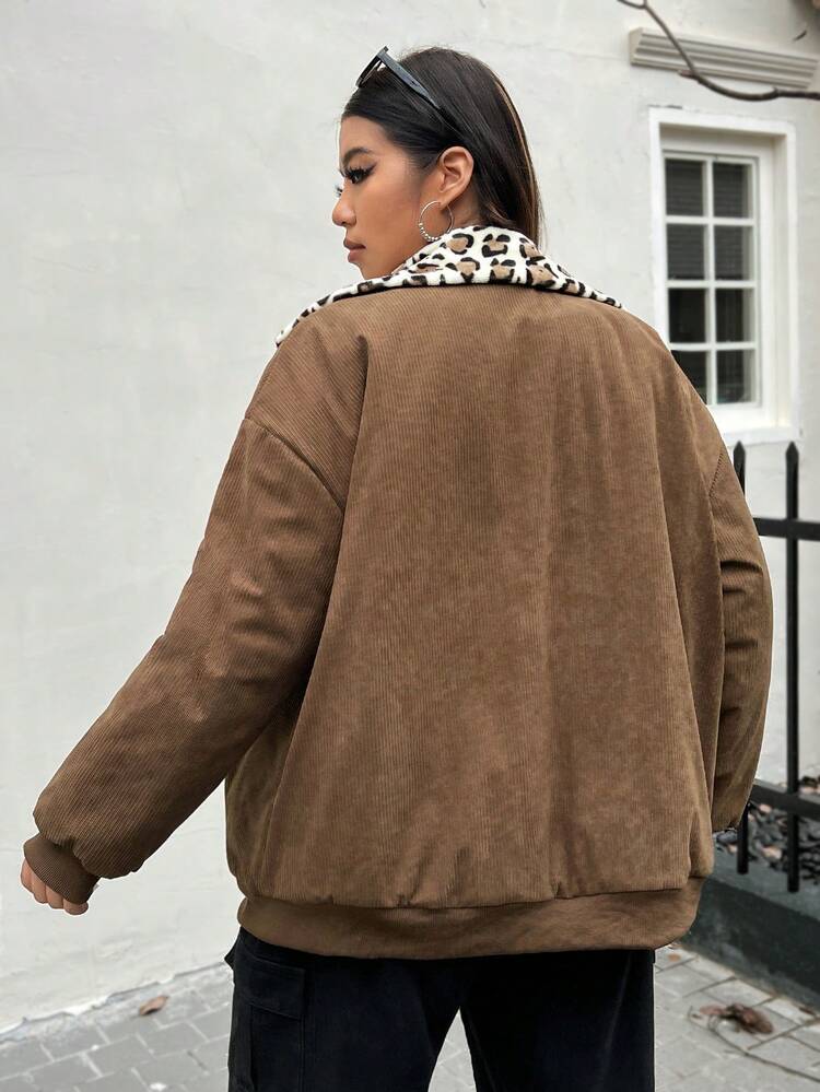 Plus Size Leopard Borg Collar Padded Coat