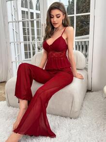 Conjunto de pijama con top tipo camiseta con borde de encaje y pantalón de pierna campana - Burdeos - Ver 5