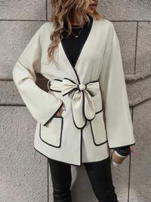 SHEIN Clasi 撞色滾邊落肩袖腰帶外套 - 杏色 - 查看 1