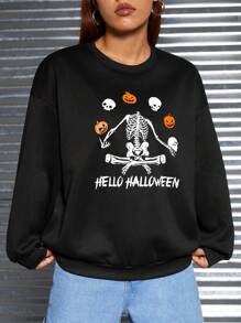 SHEIN PETITE Halloween Print Drop Shoulder Sweatshirt - Black - View 4