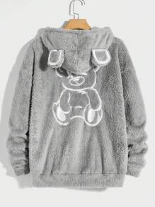 Manfinity RebelGame 男士小熊刺繡落肩連帽泰迪大號夾克 - 灰色 - 查看 1