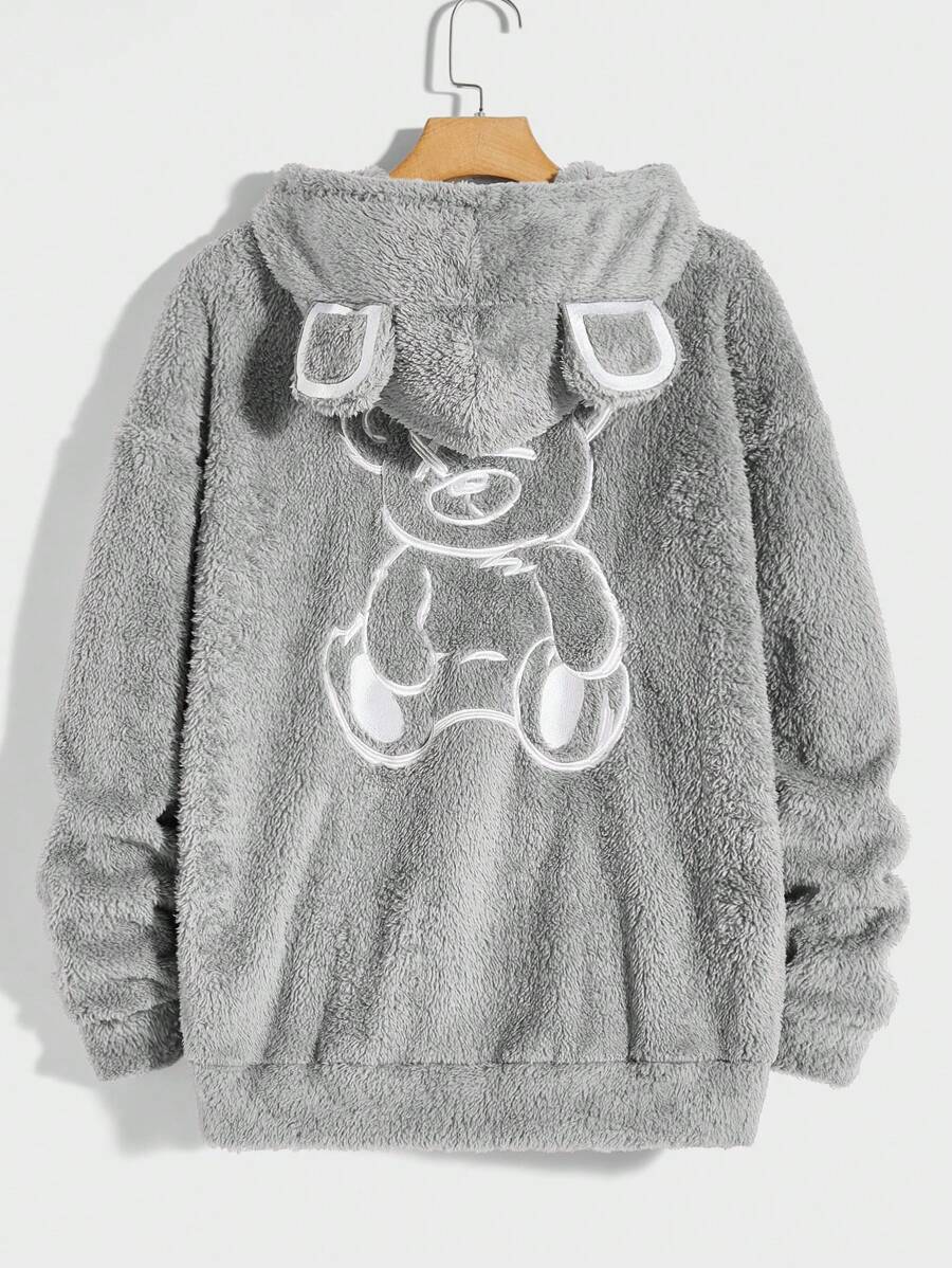Manfinity RebelGame 男士小熊刺繡落肩連帽泰迪大號夾克 - 灰色 - 查看 1