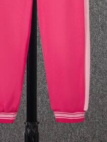 SHEIN Tween Girl Letter Graphic Two Tone Hooded Jacket & Sweatpants Without Tee - Hot Pink - View 7