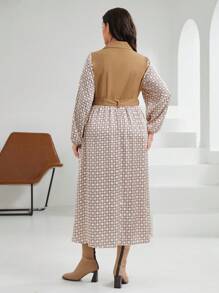 Mulvari Plus Size Geometric Print Patchwork Vest Belted Dress - Khaki - View 3