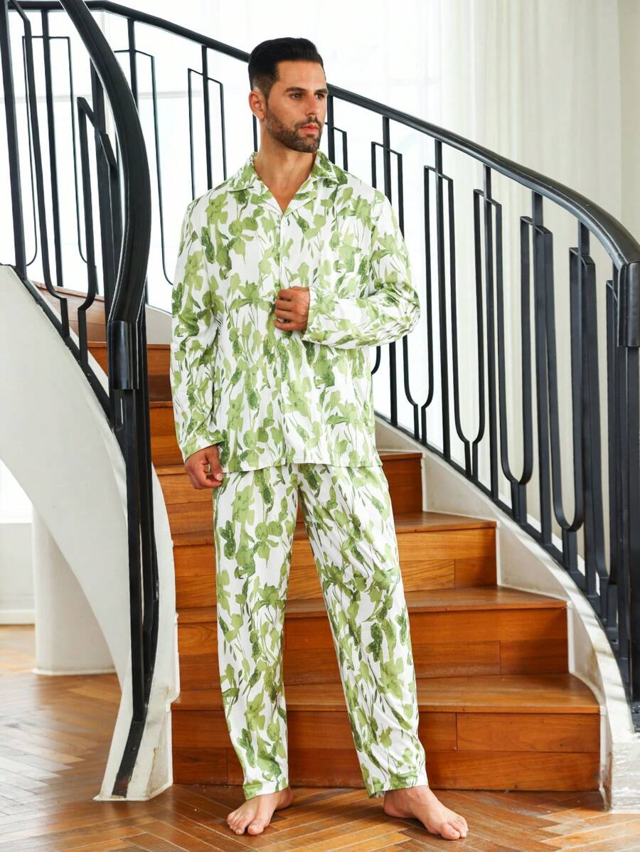 Men Tropical Print PJ Set / Pajama Set - Blue - View 1