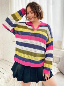 Flirla Plus Striped Colorblock Drop Shoulder Pointelle Knit Sweater Knit Pullover Fall Winter Sweater - Multicolor - View 7