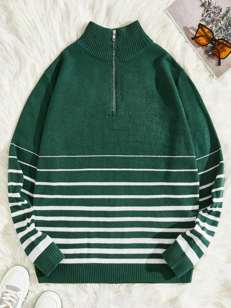 Men Striped Pattern Quarter Zip Sweater