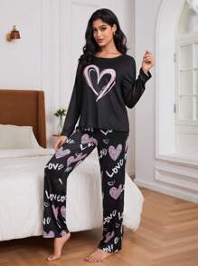 2pcs Heart Printed Women's Casual Pajama Set, Fall Clothes - Black - View 3