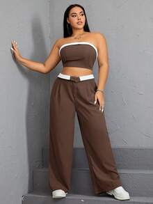 SHEIN EZwear Plus Contrast Trim Tube Top & Wide Leg Pants - Coffee Brown - View 4