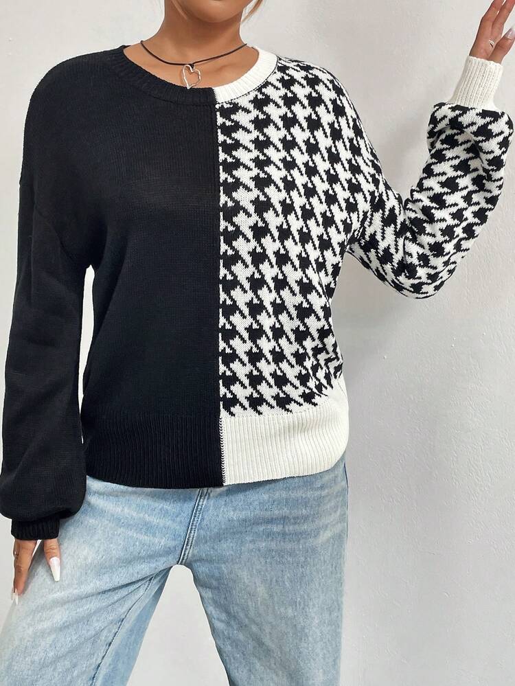 Houndstooth Pattern Colorblock Drop Shoulder Knit Pullover Fall Winter Sweater