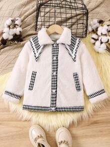 SHEIN Young Girl Houndstooth Pattern Teddy Jacket - Black and White - View 1