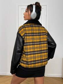 SHEIN EZwear Plaid Patchwork Fabric Zipper Front Jacket With Collar