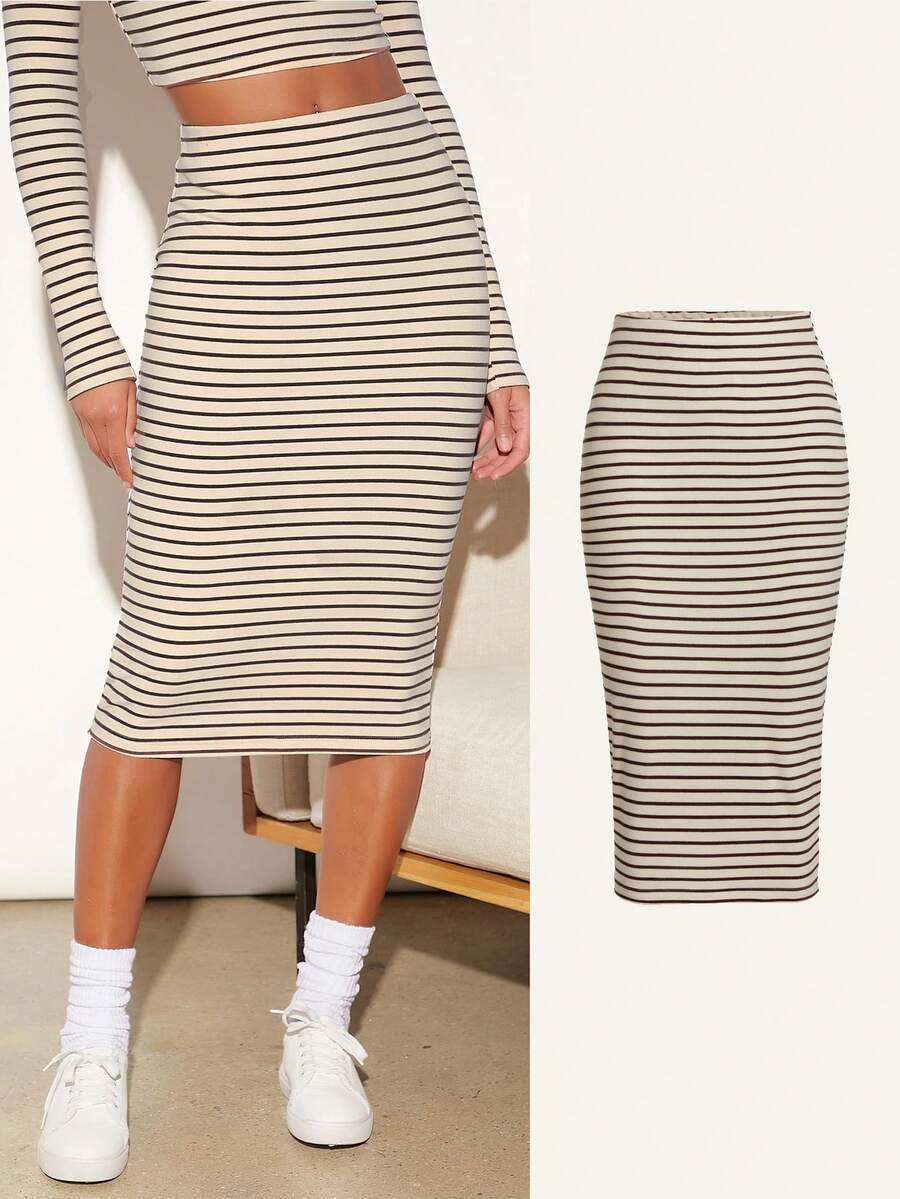 SHEIN BASICS In sọc Váy bodycon - Màu be - Xem 1