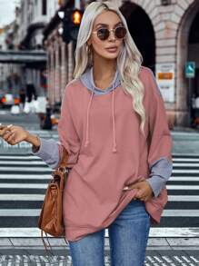SHEIN LUNE Colorblock Drop Shoulder Drawstring 2 In 1 Hoodie - Dusty Pink - View 3