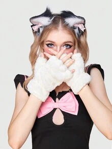 ROMWE Kawaii 1pair Women Paw Design Fuzzy Fingerless Gloves - Multicolor - View 4