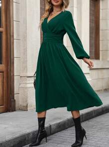 SHEIN Clasi Surplice Neck Lantern Sleeve Ruched Waist Dress