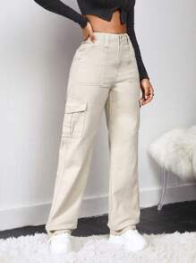 SHEIN SXY Quần jean Nút màu trơn - Màu be - Xem 5