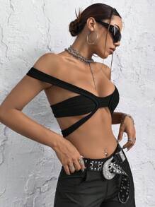 SHEIN ICON Solid Off Shoulder Open Back Crop Top - Black - View 6