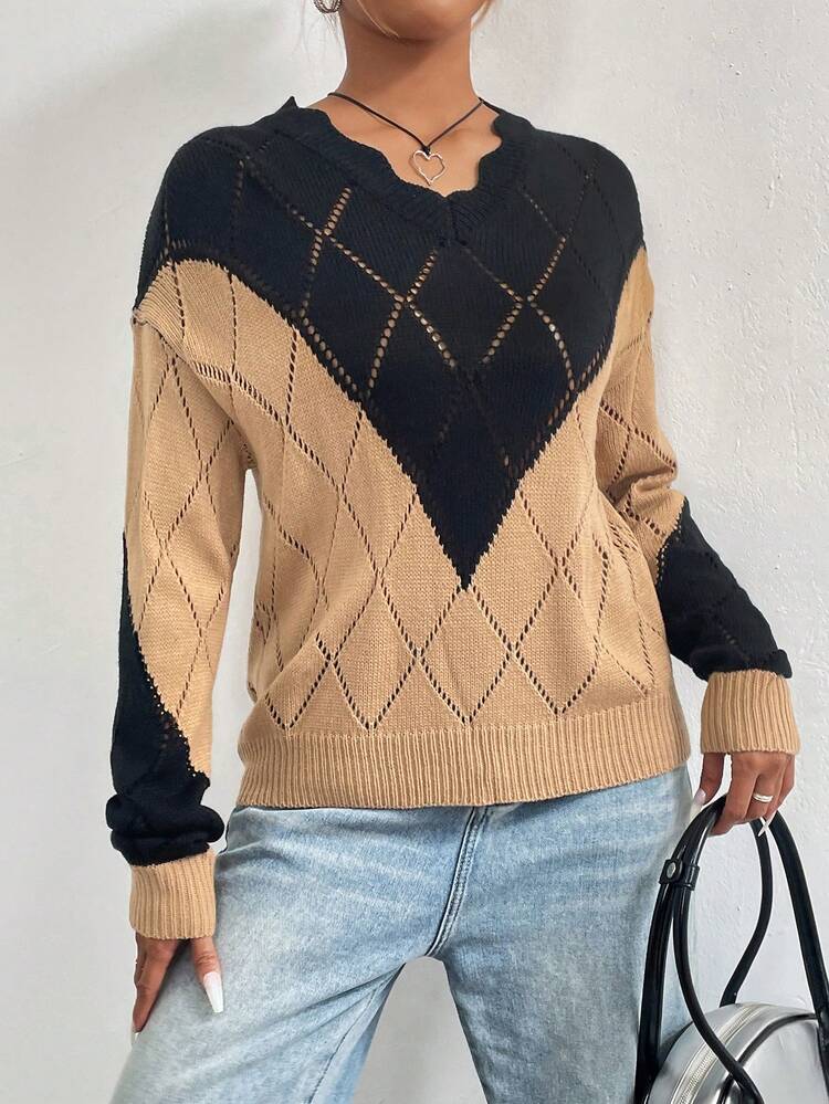 Two Tone Drop Shoulder Pointelle Knit Pullover Fall Winter Sweater