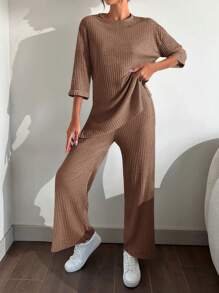 EURMUSE 100%Cotton Solid Drop Shoulder Ribbed Knit Tee & Pants - Khaki - View 5