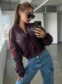 Dazy Star 字母圖形褶皺袖飛行員外套 - 紫色 - 查看 5