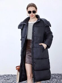 SHEIN BIZwear 休闲纯色连帽加厚棉服外套，百搭冬装 - 黑色 - 查看 3